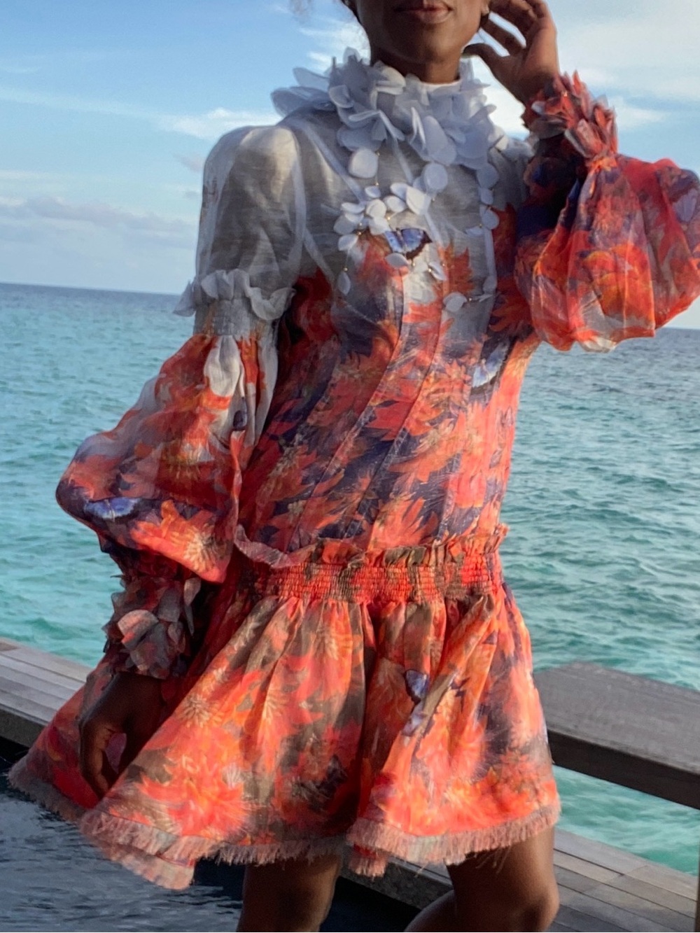 Zimmermann Coral and White Floral Puff-Sleeve Mini Dress